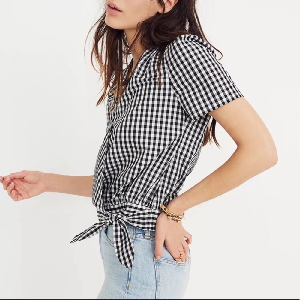 Women's Black and White Gingham Tie-Front Top